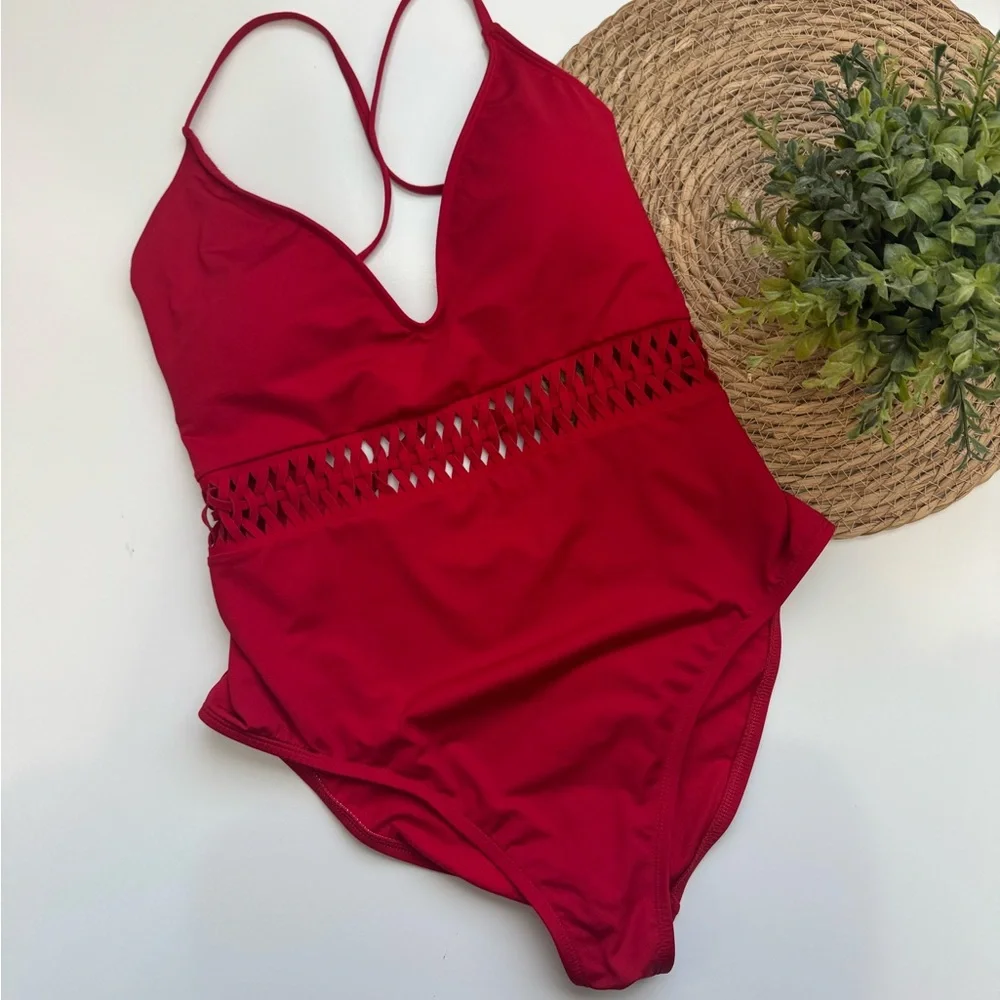 Kenneth Cole Red One-Piece Swimsuit with Plunging‎ V-Neck Size Large